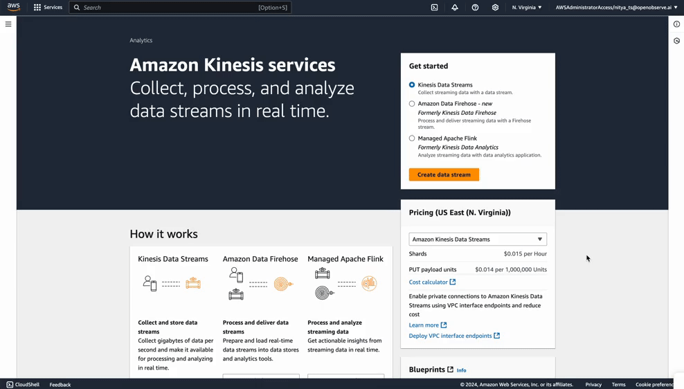 Amazon Kinesis setup page showing options to create a new data stream for real-time data ingestion and processing. 