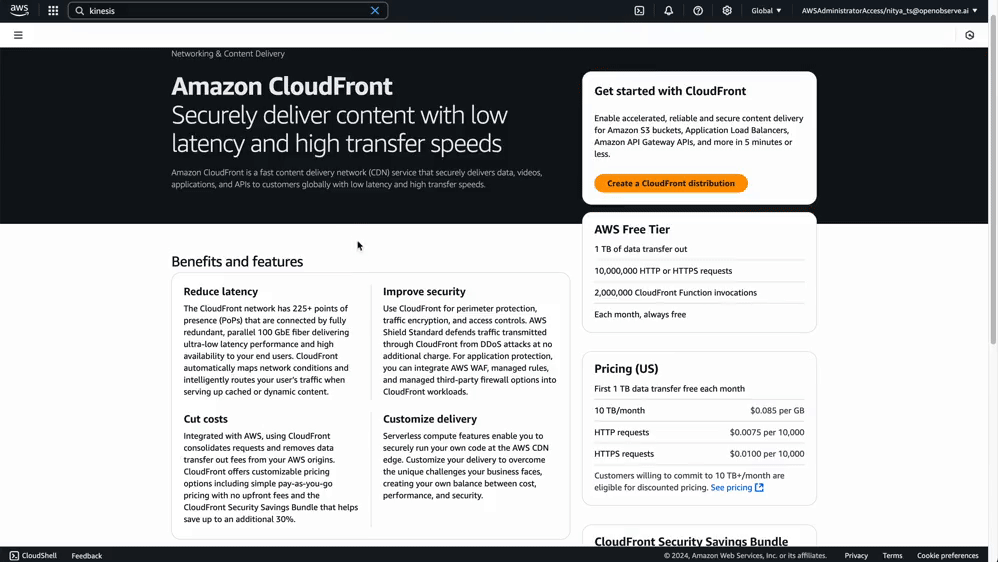 AWS CloudFront setup page highlighting options to create a distribution for secure and fast content delivery. 