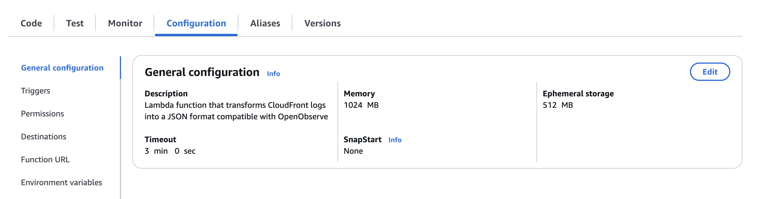 Configuration page for an AWS Lambda function designed to transform CloudFront logs for OpenObserve ingestion.