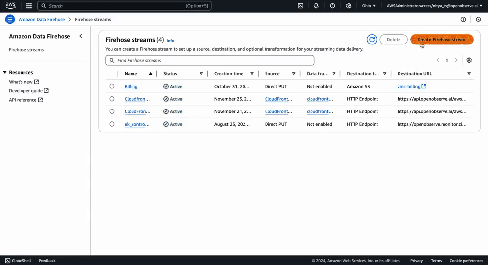 Amazon Data Firehose setup page showcasing options to create a delivery stream for transferring logs to an HTTP endpoint.