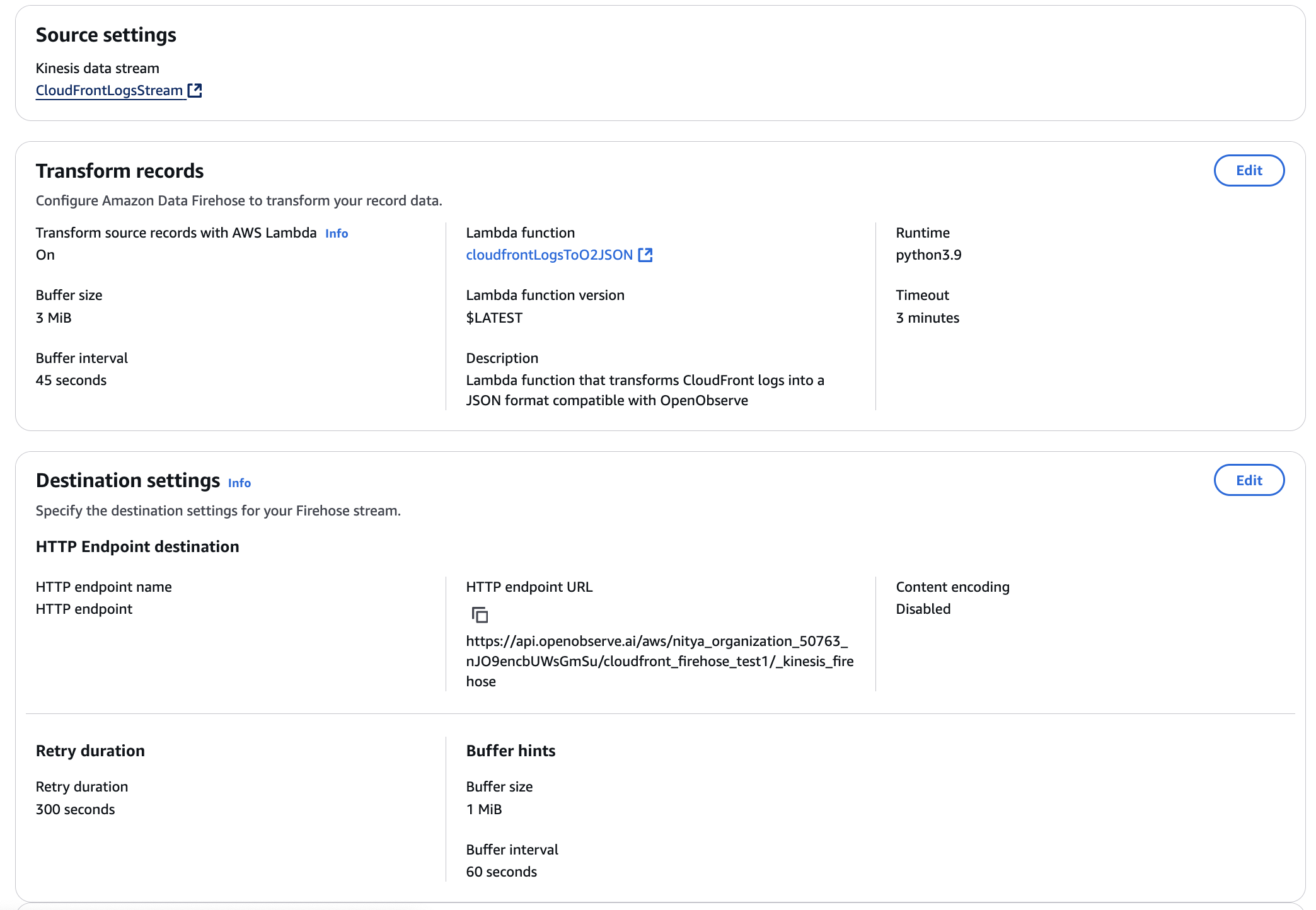 Detailed view of Firehose settings including buffer size, retry duration, and destination endpoint for data delivery.