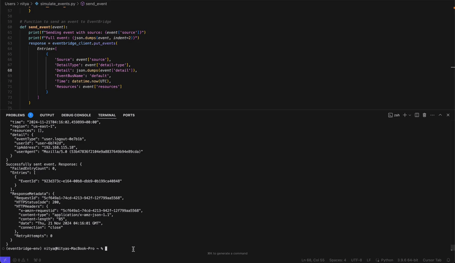 Python script execution for sending an event to Amazon EventBridge, displaying the code, console output, and successful event response details.