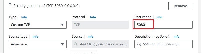 AWS EC2 Console - Network Settings for Port 5080 Access