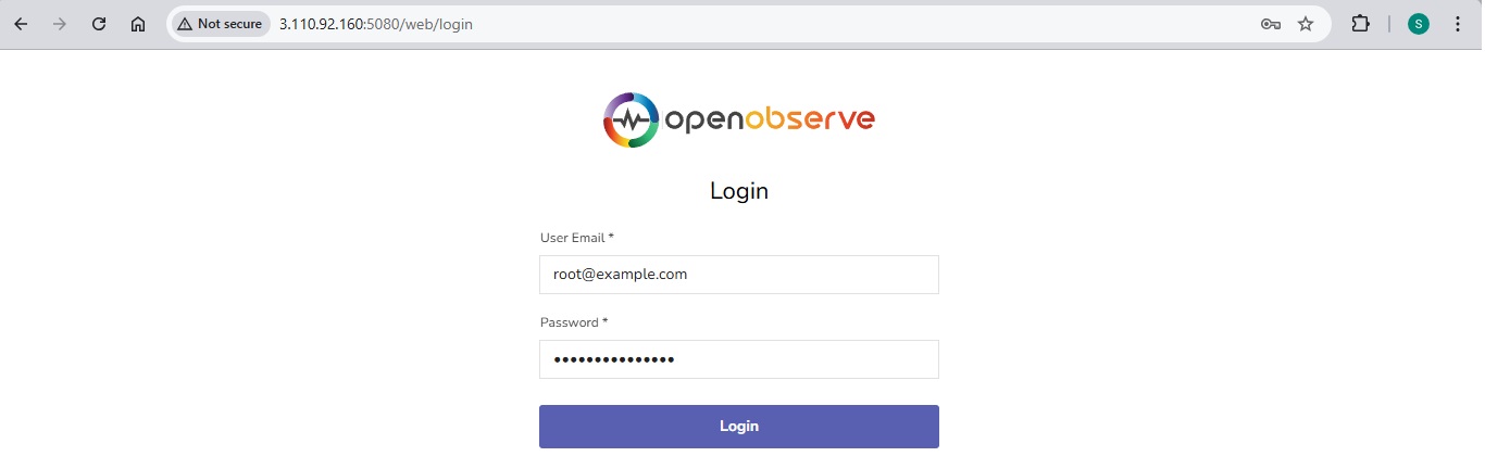 OpenObserve Login Page - Enter Root User Credentials