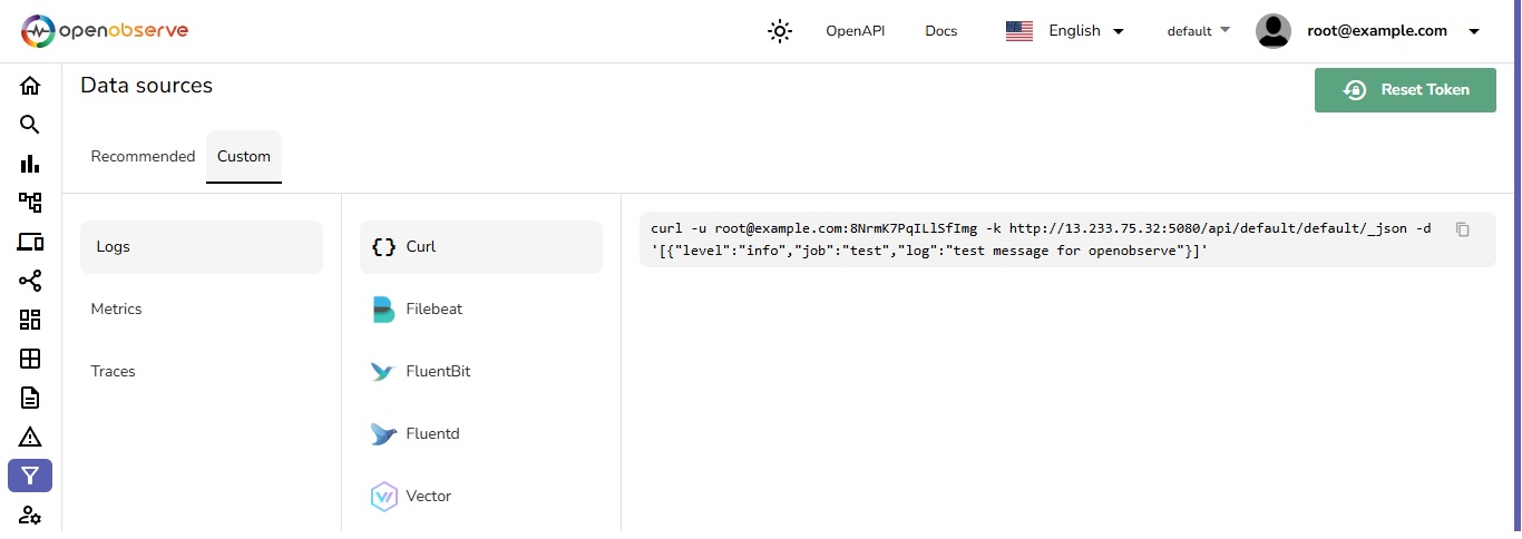 OpenObserve Data Sources Menu - Selecting Custom Logs