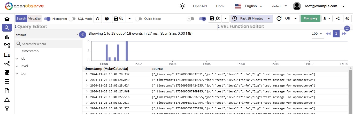 OpenObserve Dashboard UI - Logs Section Showing Ingested Log