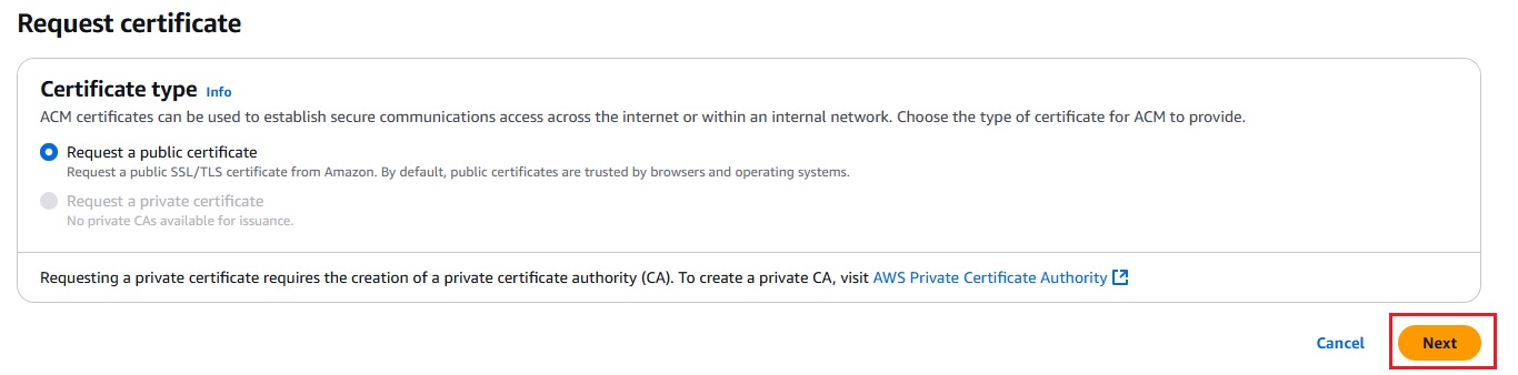 AWS ACM - Request a Public Certificate Option