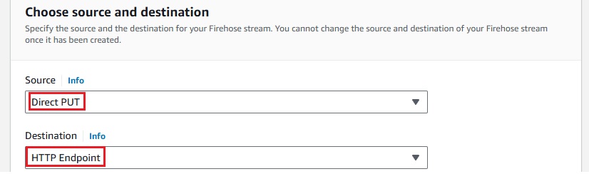 AWS Kinesis Console - Configure Firehose Source and Destination