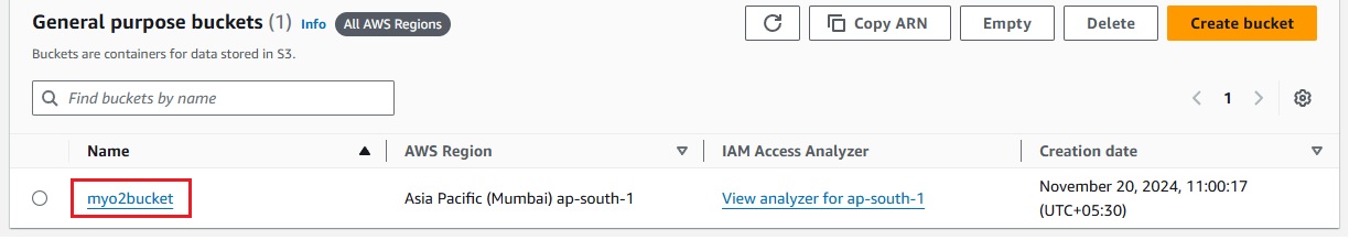 AWS S3 Console - S3 Dashboard Showing the Newly Created Bucket