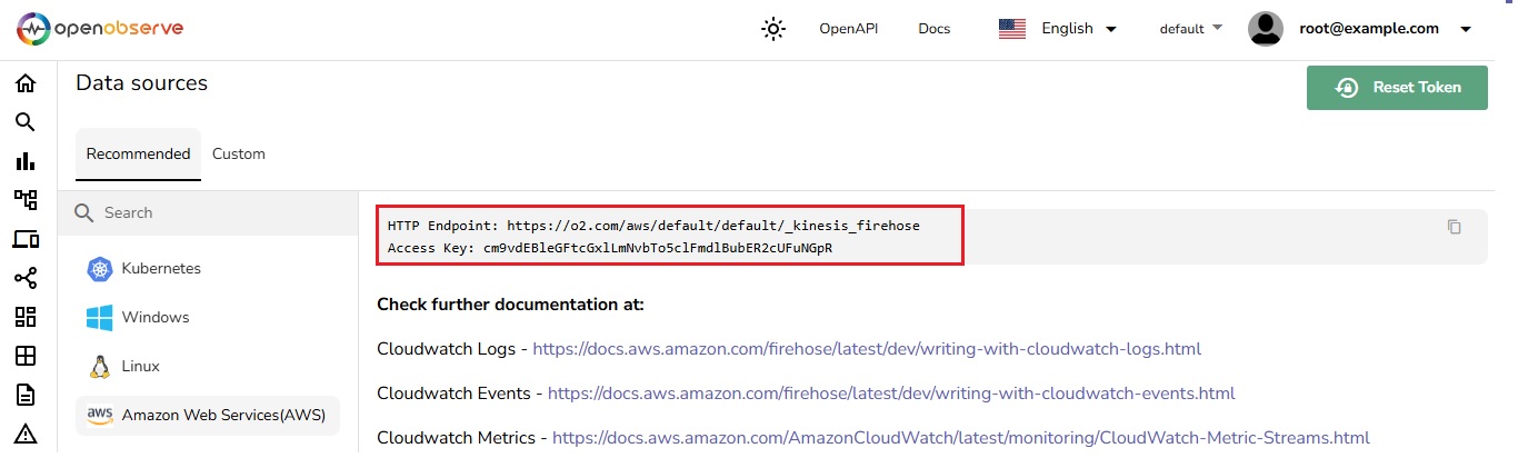 AWS Kinesis Console - Input Firehose Authentication Access Key