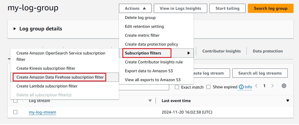 AWS CloudWatch - Create Subscription Filter Option