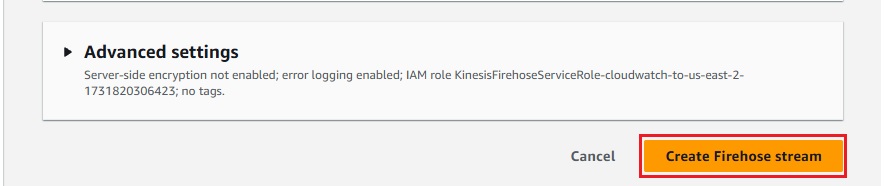 Confirmation page in AWS Management Console showing the completed setup of the Kinesis delivery stream