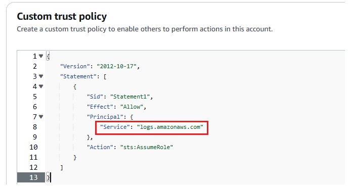 Defining trust policy for CloudWatch Logs role in IAM