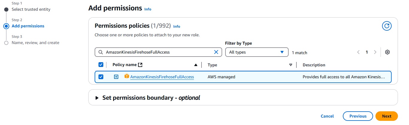 Attaching AmazonKinesisFirehoseFullAccess policy in IAM role setup