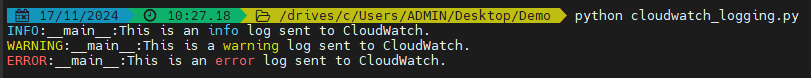 Screenshot showing the result of running the Python script for sending logs to AWS CloudWatch Log Group.