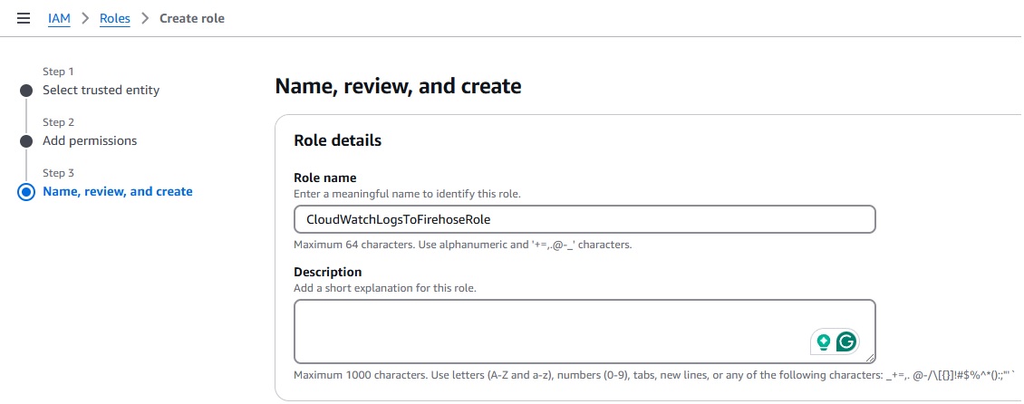 Naming and creating IAM role for Firehose permissions