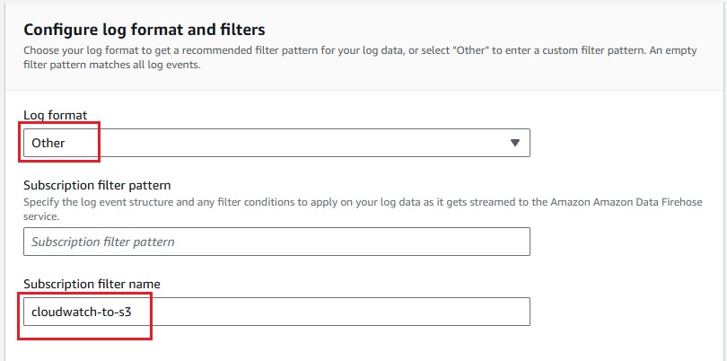 Configuring subscription filter format and naming it cloudwatch-to-s3