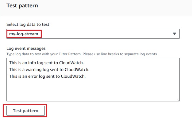 Testing log pattern configuration for subscription filter in CloudWatch