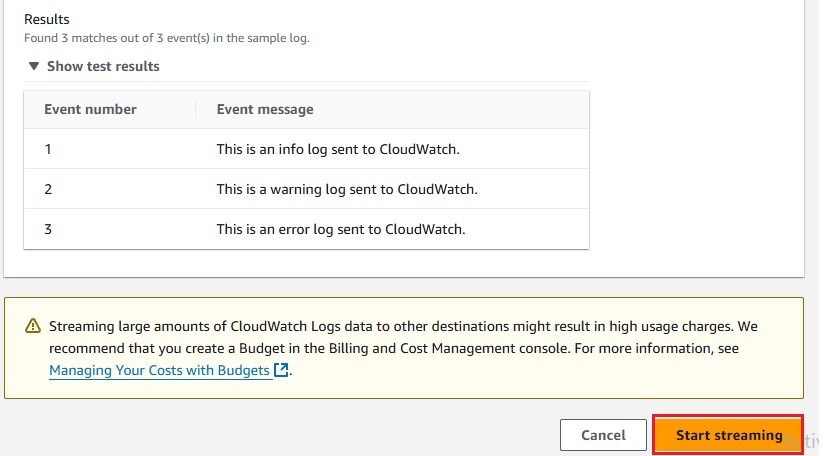 Starting log streaming to Kinesis Firehose from CloudWatch