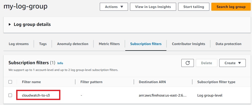 Subscription filter creation confirmation in CloudWatch Logs