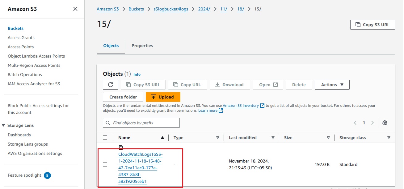 S3 bucket folder structure showing AWSLogs delivery stream