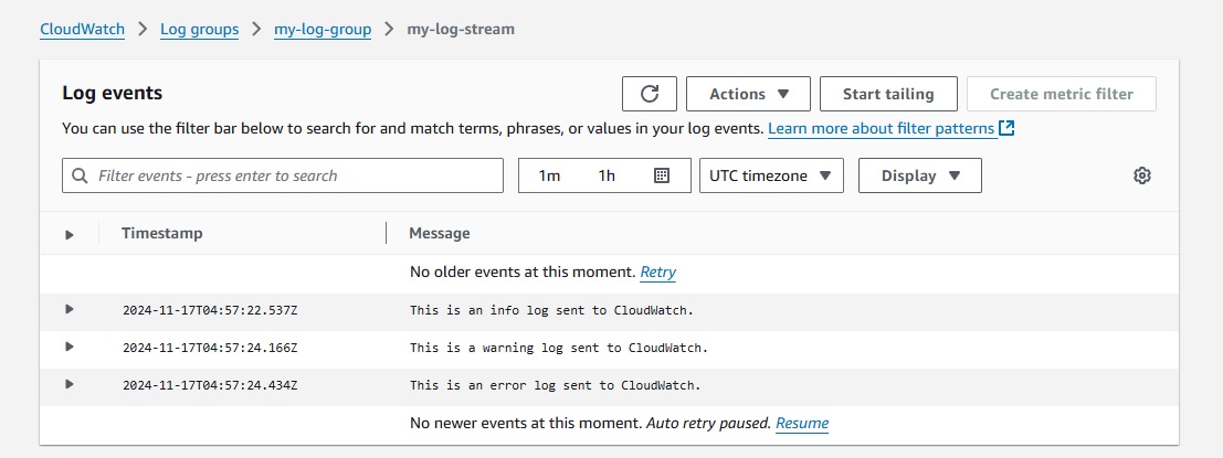 AWS CloudWatch Log details showing successful log message entries.