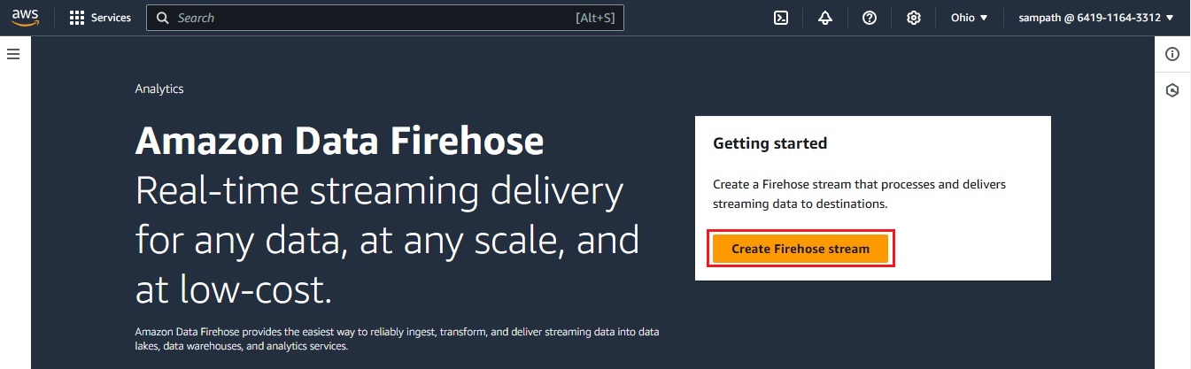 AWS Management Console interface for creating a new Kinesis Data Firehose delivery stream