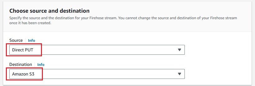 Kinesis Firehose configuration with 'Direct Put' as the source and 'Amazon S3' as the destination