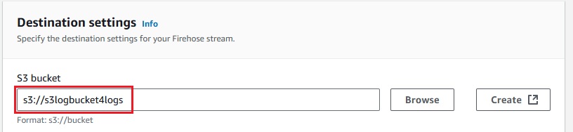 Kinesis Firehose destination settings for selecting the target Amazon S3 bucket