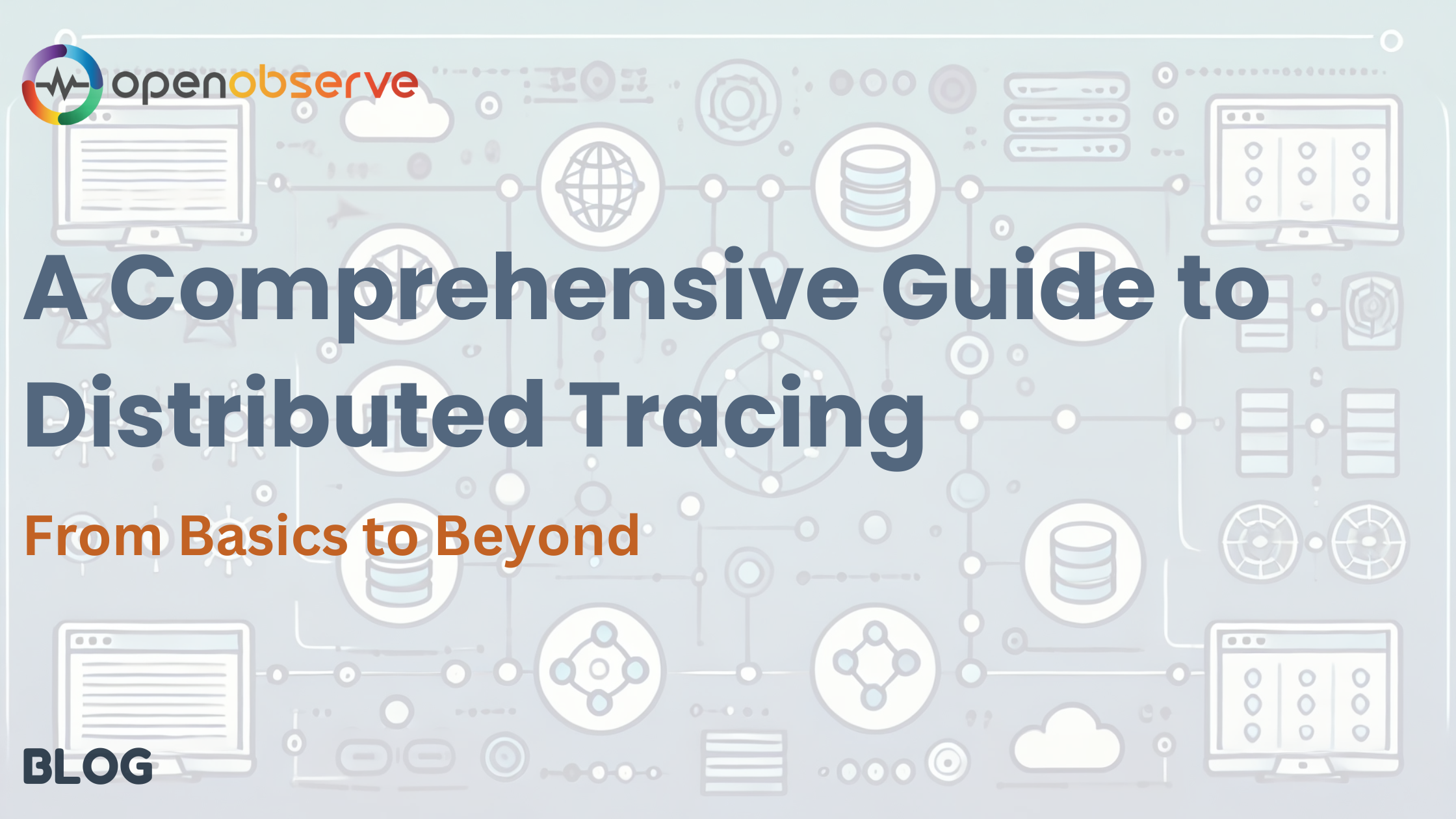 OpenObserve blog banner showing distributed tracing concepts with connected icons representing databases, networks, and cloud systems