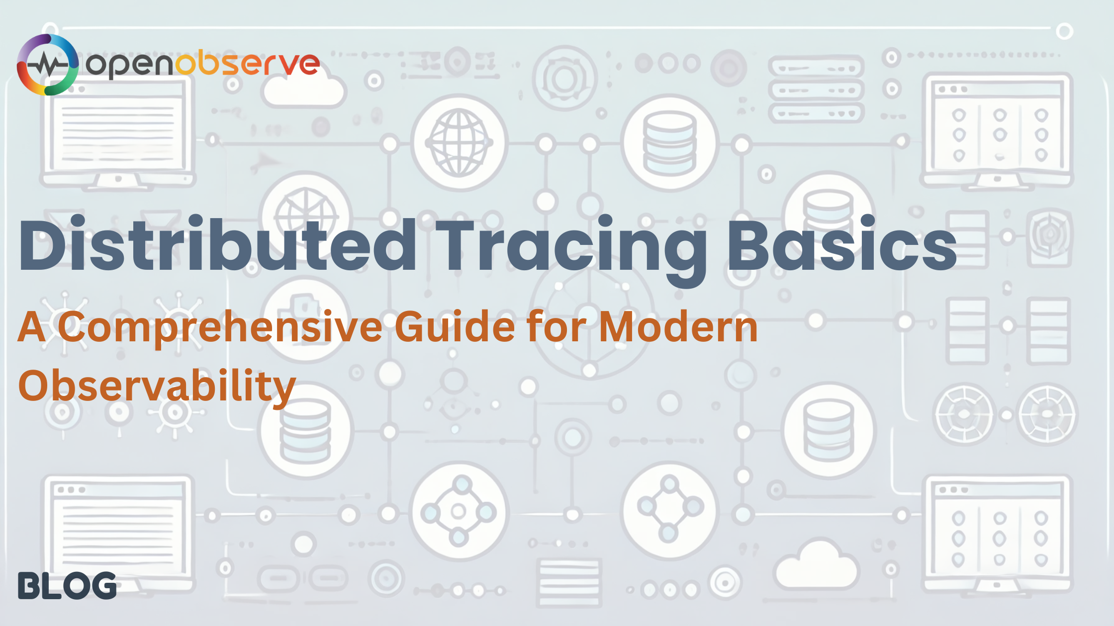 OpenObserve blog banner showing distributed tracing concepts with connected icons representing databases, networks, and cloud systems