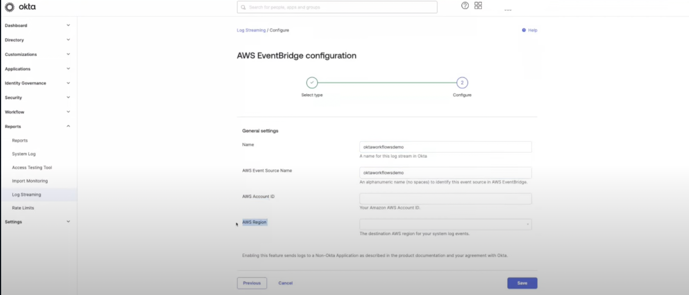 Okta eventbridge configuration