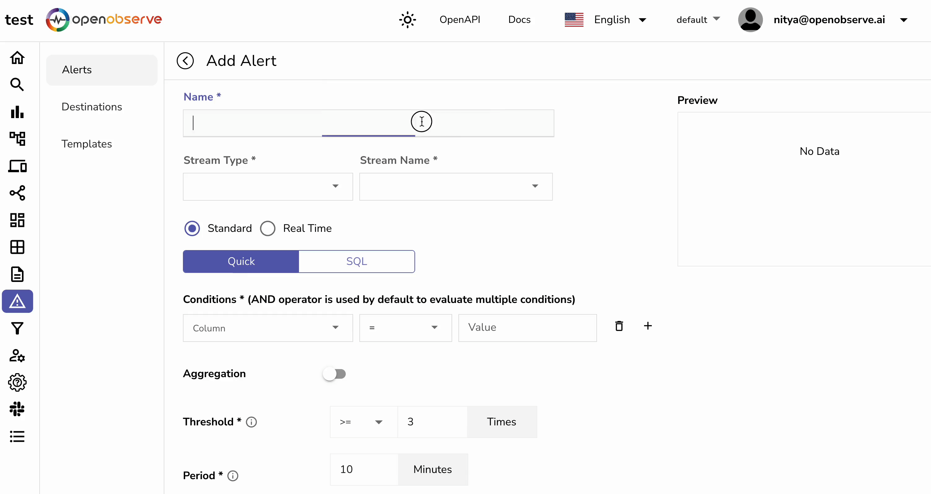 OpenObserve alert rules configuration panel displaying options for setting up alert type, conditions, and trigger criteria