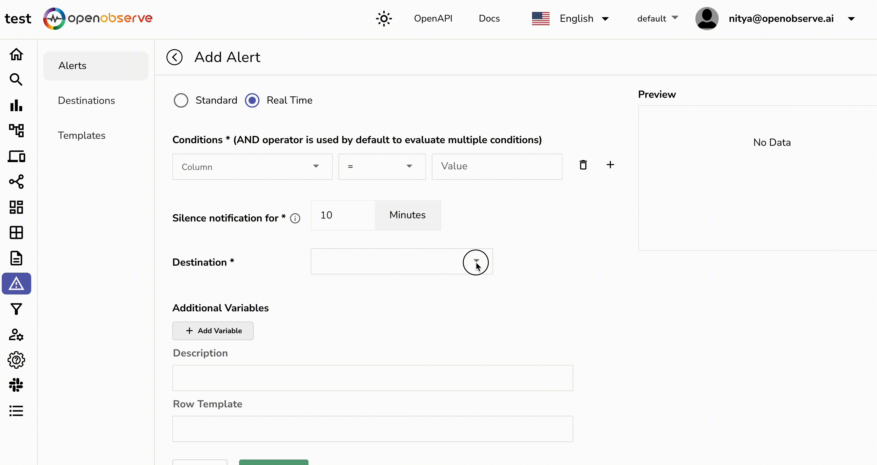 OpenObserve alert rules configuration panel displaying options to customize and select alert destination(s)