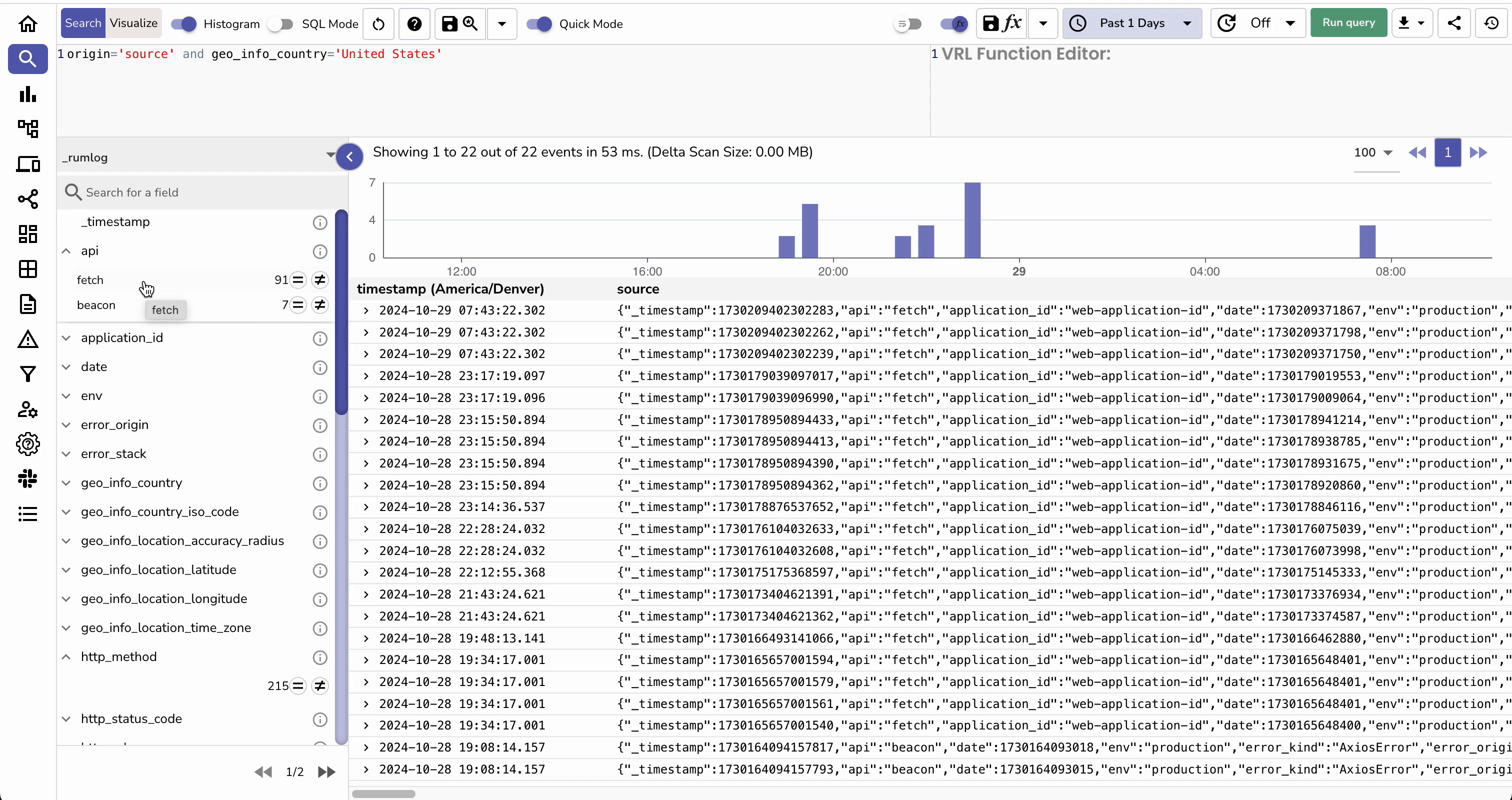 OpenObserve log management dashboard showing centralized log collection, search functionality, and analysis tools with filtering options  